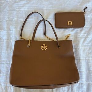 Tory Burch Brown Leather Tote and Wallet Set
